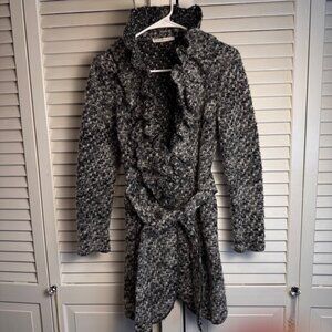 Blugaya small Luxe Charcoal Wool Blend Belted Textured cardigan Made in Italy